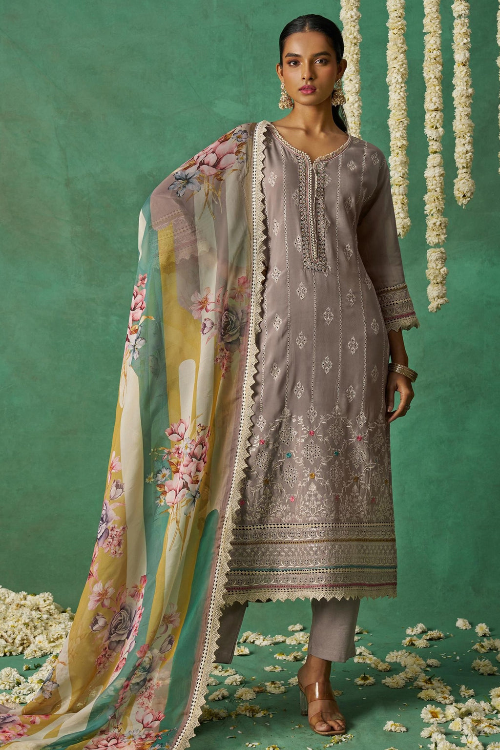 Brownish Grey Organza Silk Kameez With Pant For Indian & Pakistani Wedding - Thread Embroidery Work, Print Work