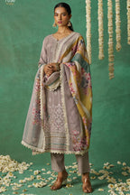 Brownish Grey Organza Silk Kameez With Pant For Indian & Pakistani Wedding - Thread Embroidery Work, Print Work