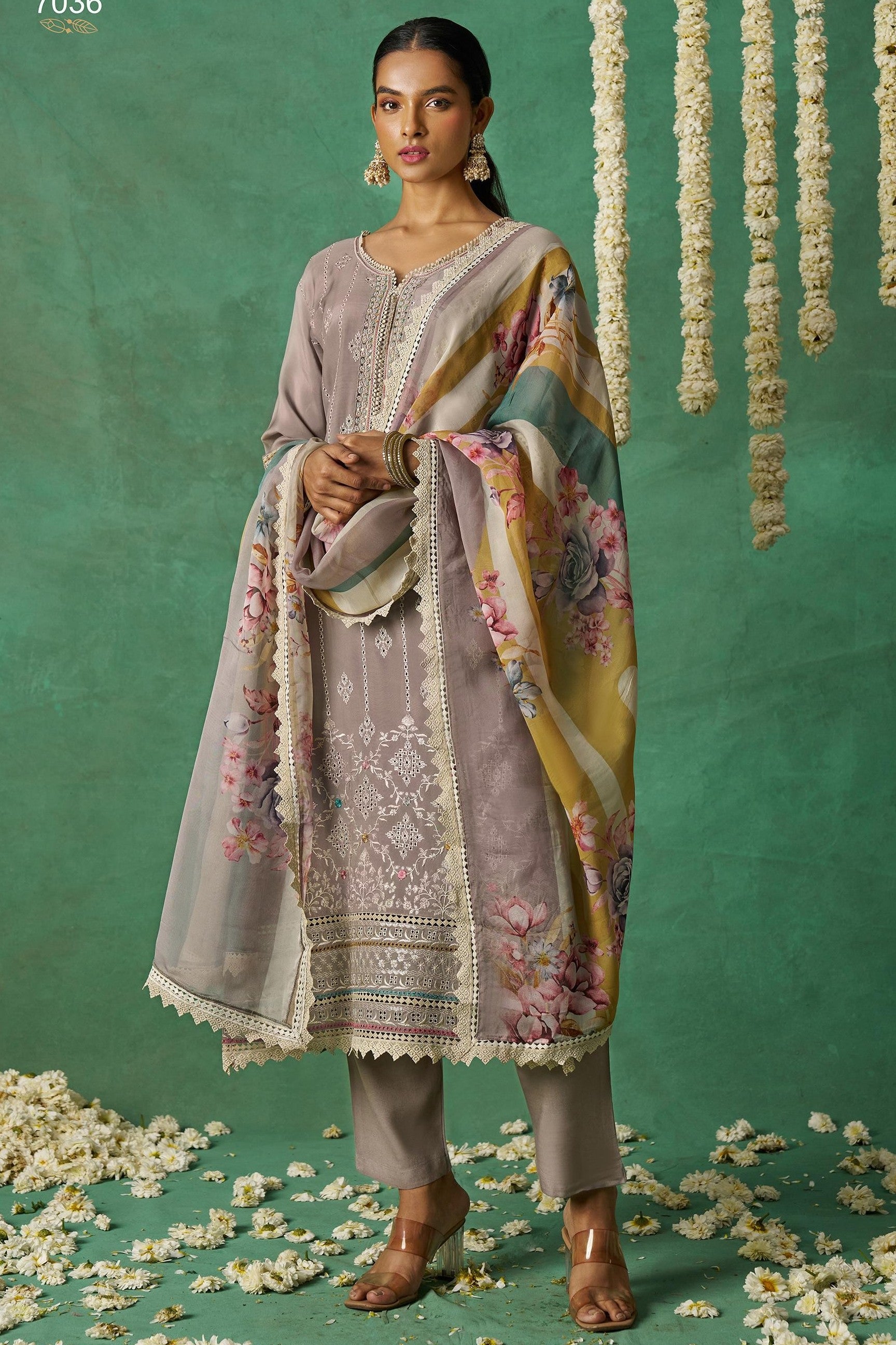 Brownish Grey Organza Silk Kameez With Pant For Indian & Pakistani Wedding - Thread Embroidery Work, Print Work