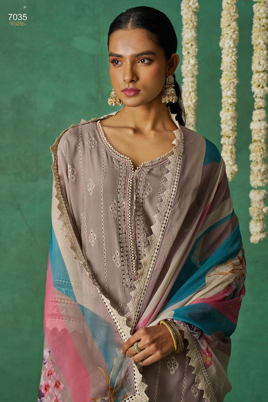 Brownish Grey Organza Silk Kameez With Pant For Indian & Pakistani Festival - Thread Embroidery Work, Print Work