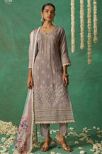 Brownish Grey Organza Silk Kameez With Pant For Indian & Pakistani Wedding Festival - Thread Embroidery Work, Print Work