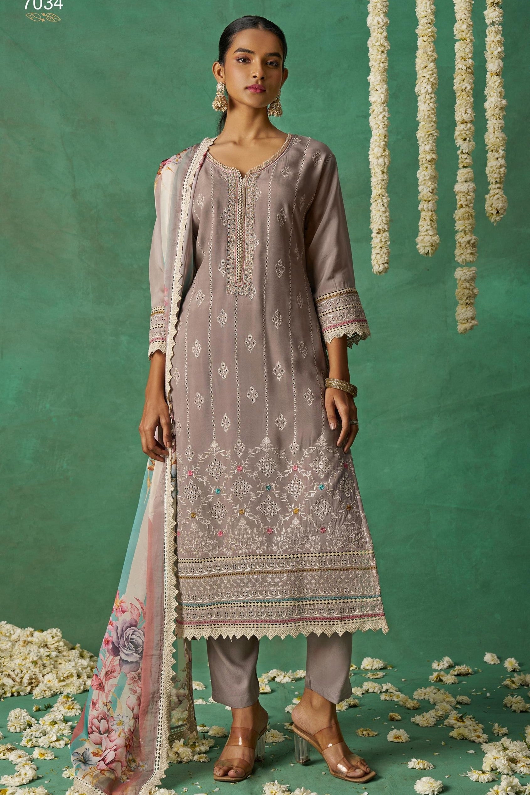 Brownish Grey Organza Silk Kameez With Pant For Indian & Pakistani Wedding Festival - Thread Embroidery Work, Print Work