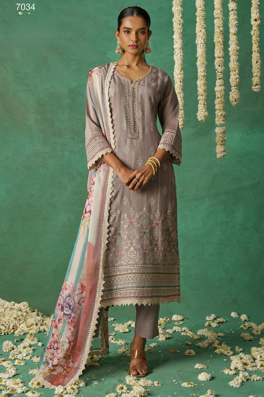 Brownish Grey Organza Silk Kameez With Pant For Indian & Pakistani Wedding Festival - Thread Embroidery Work, Print Work