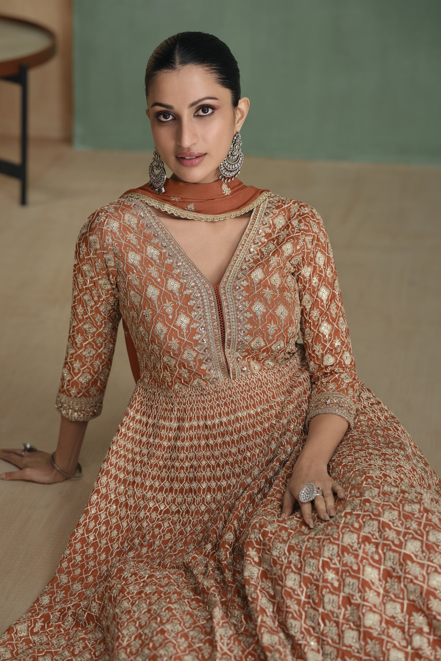 Brownish Orange Georgette Full Floor Length Dual Color Anarkali Gown With Dupatta For Indian Festivals & Weddings - Embroidery Work, Swarovski Work