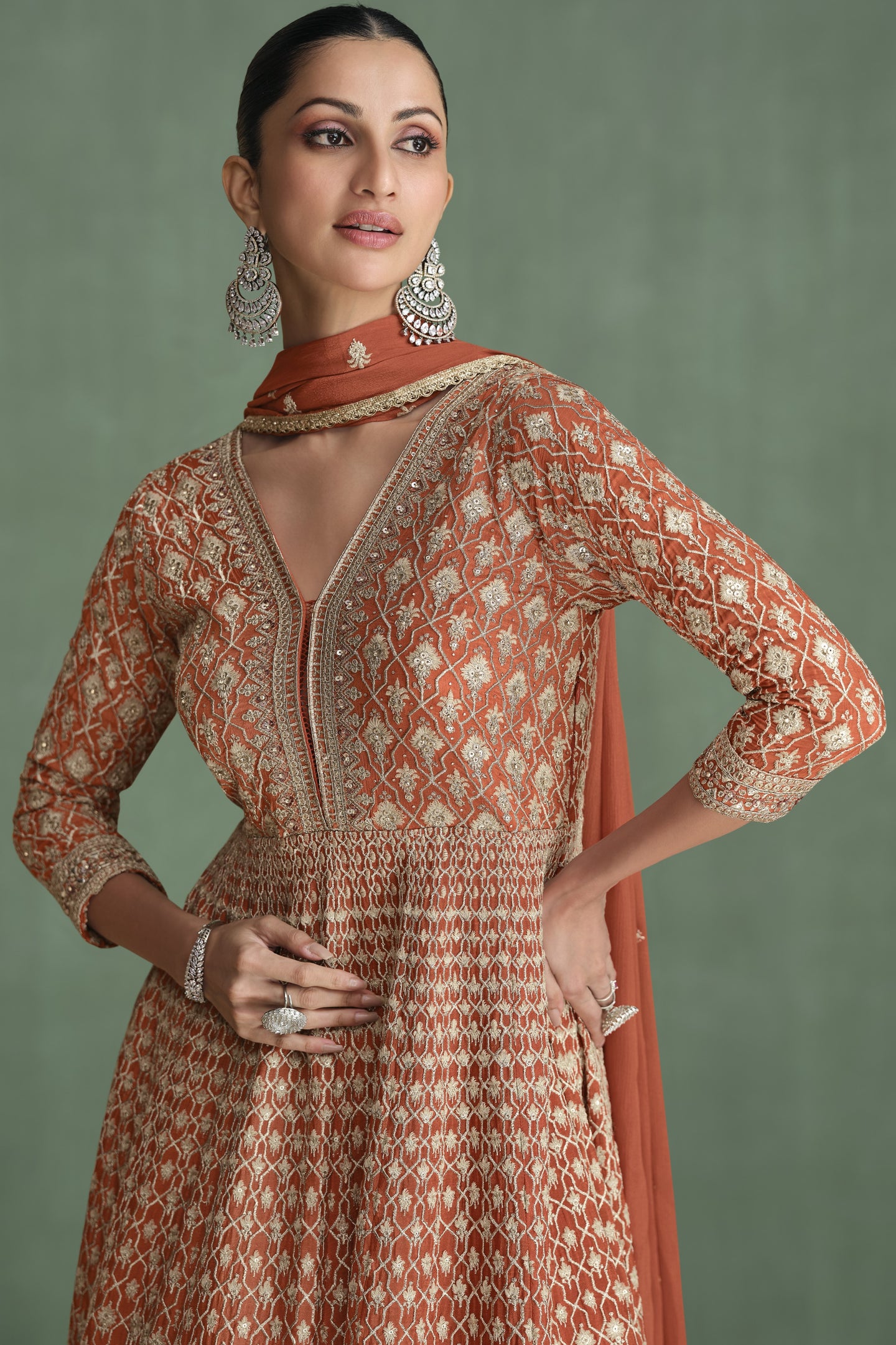 Brownish Orange Georgette Full Floor Length Dual Color Anarkali Gown With Dupatta For Indian Festivals & Weddings - Embroidery Work, Swarovski Work
