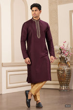 Burgundy Art Silk Handwork Kurta and Pajama for Men