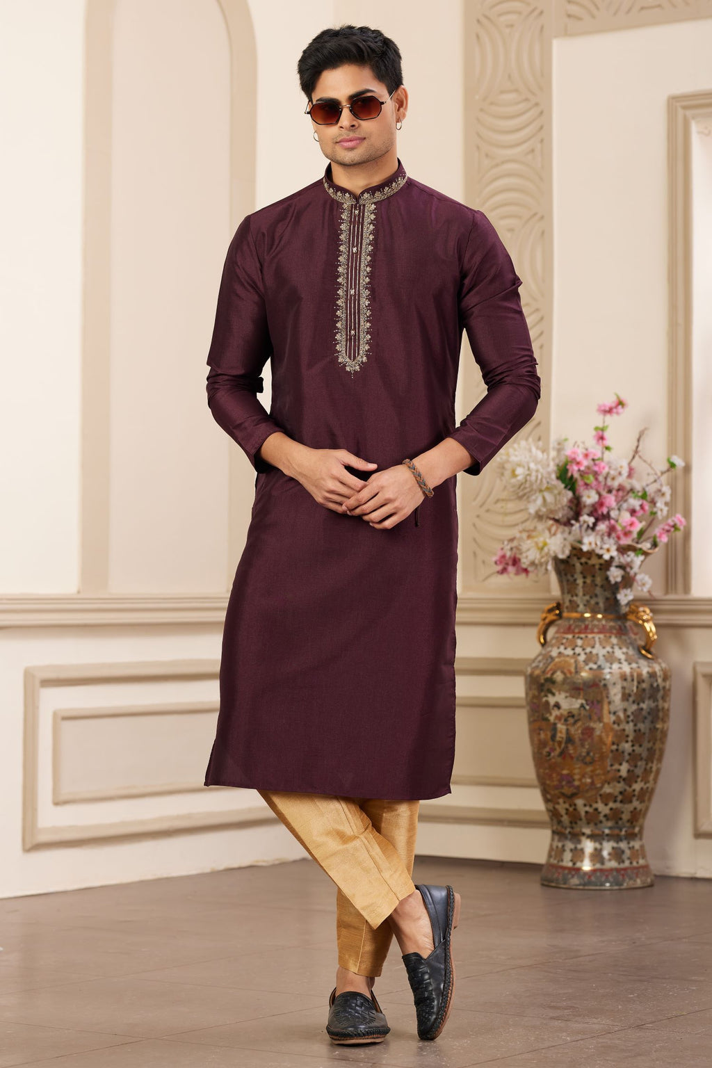 Burgundy Art Silk Handwork Kurta and Pajama for Men