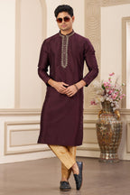 Burgundy Art Silk Handwork Kurta and Pajama for Men