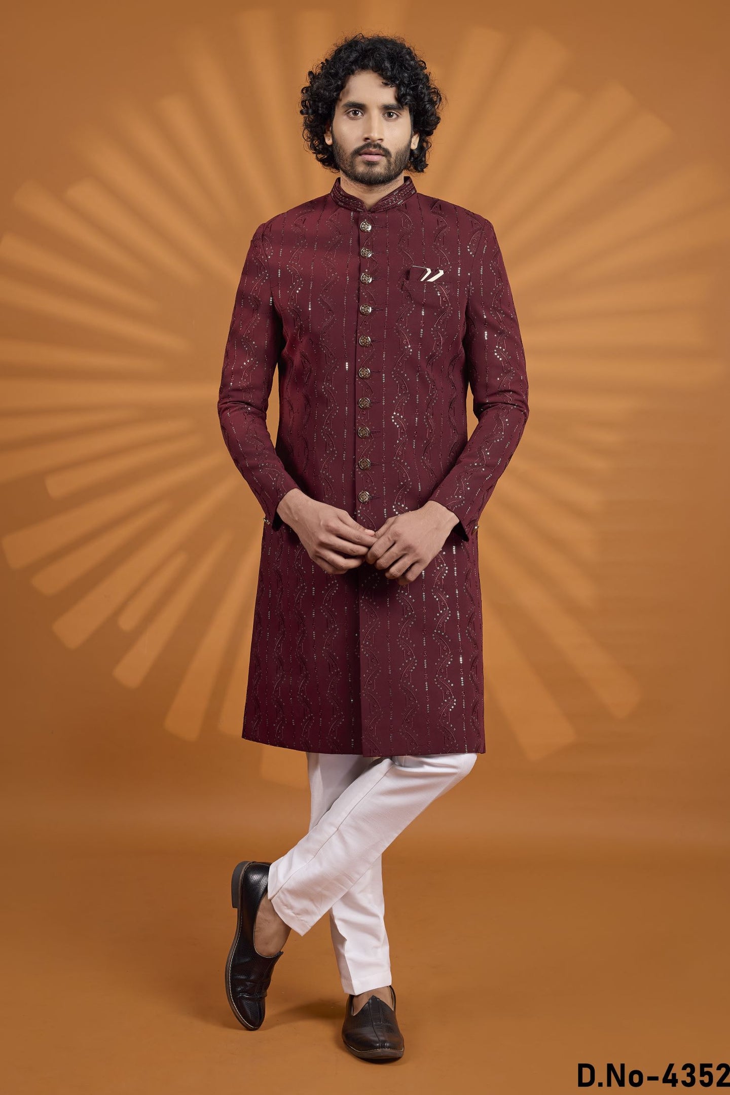 Burgundy Georgette Embroidered Indian Wedding Clothes Men Kurta Pajama