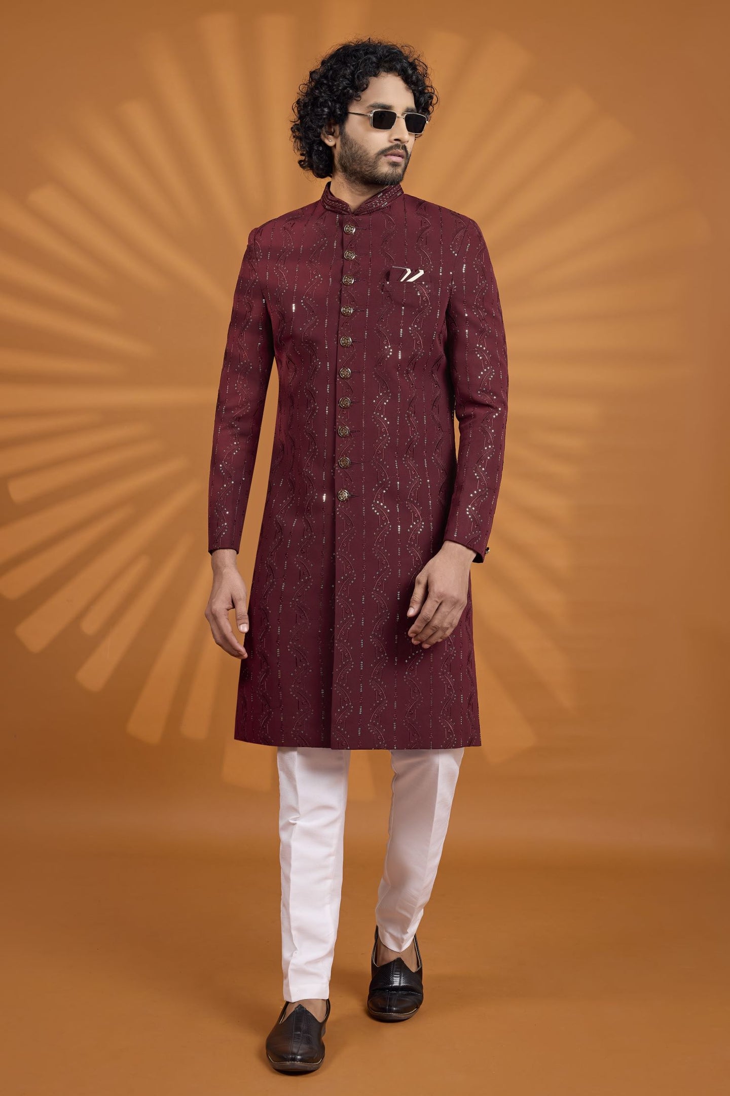 Burgundy Georgette Embroidered Indian Wedding Clothes Men Kurta Pajama