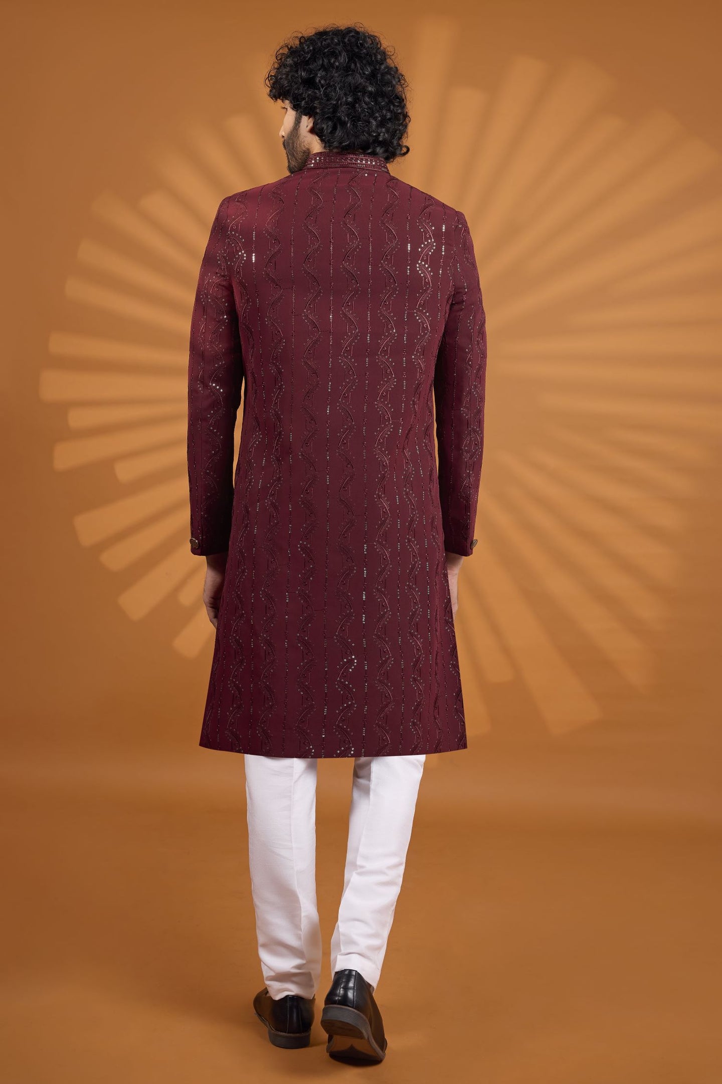 Burgundy Georgette Embroidered Indian Wedding Clothes Men Kurta Pajama