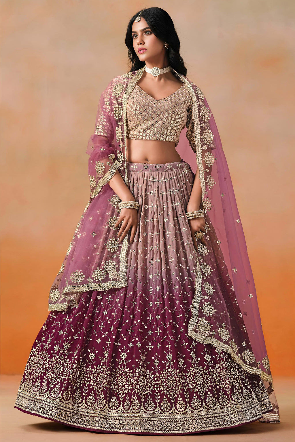 Burgundy Maroon Georgette Lehenga Choli For Indian & Pakistani Wedding Festival - Sequins & Thread Embroidery Work, Zari Work