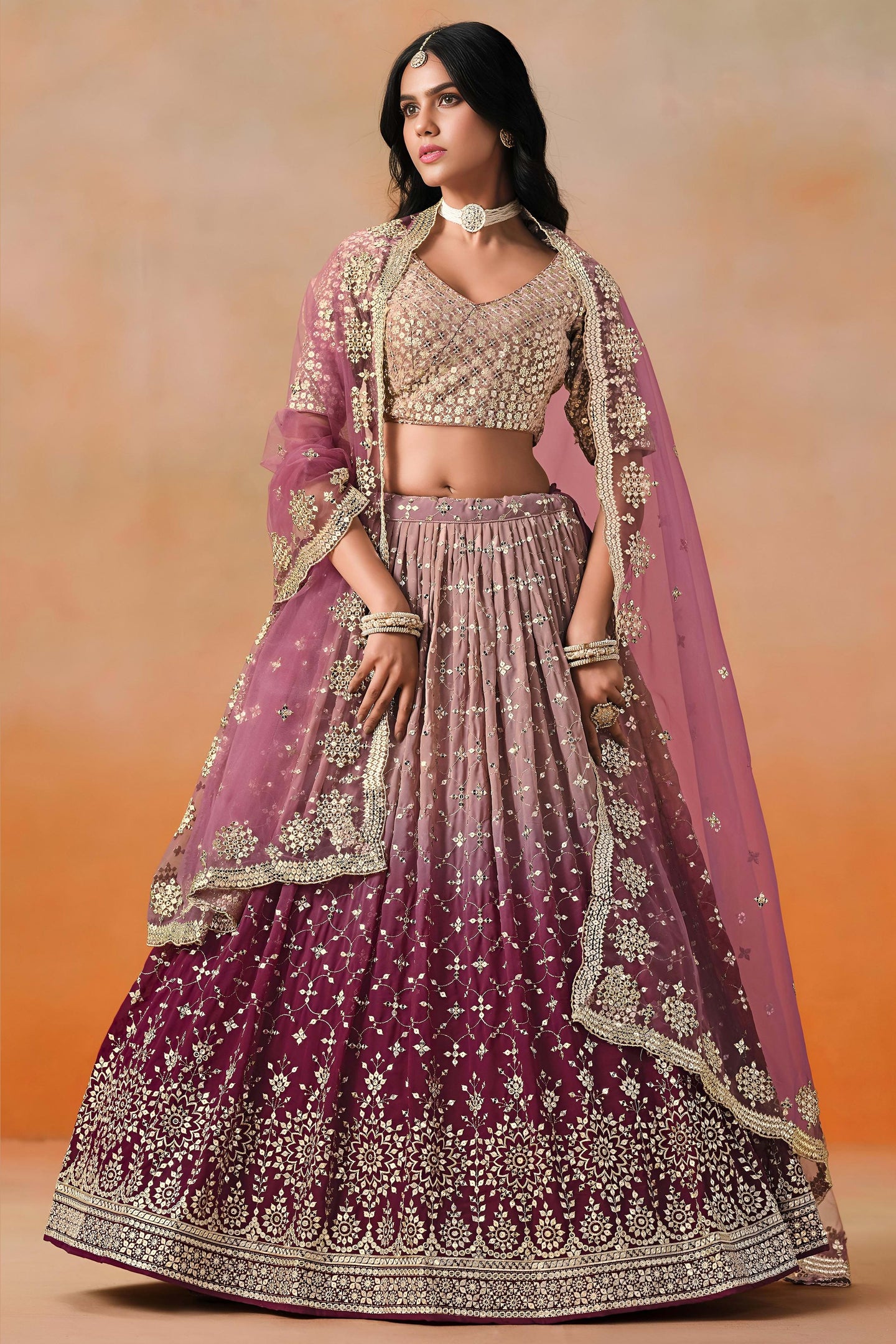 Burgundy Maroon Georgette Lehenga Choli For Indian & Pakistani Wedding Festival - Sequins & Thread Embroidery Work, Zari Work
