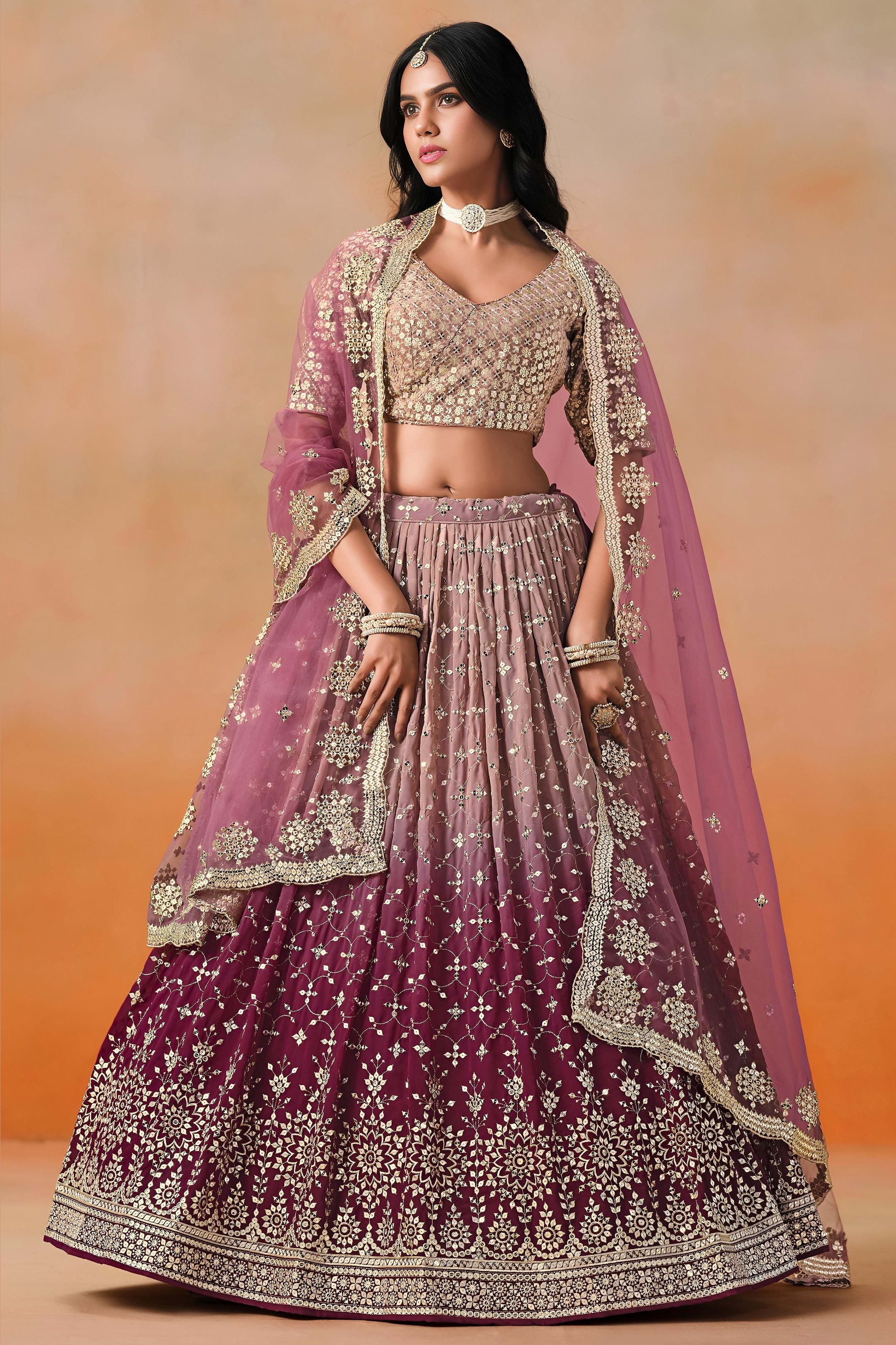 Burgundy Maroon Georgette Lehenga Choli For Indian & Pakistani Wedding Festival - Sequins & Thread Embroidery Work, Zari Work