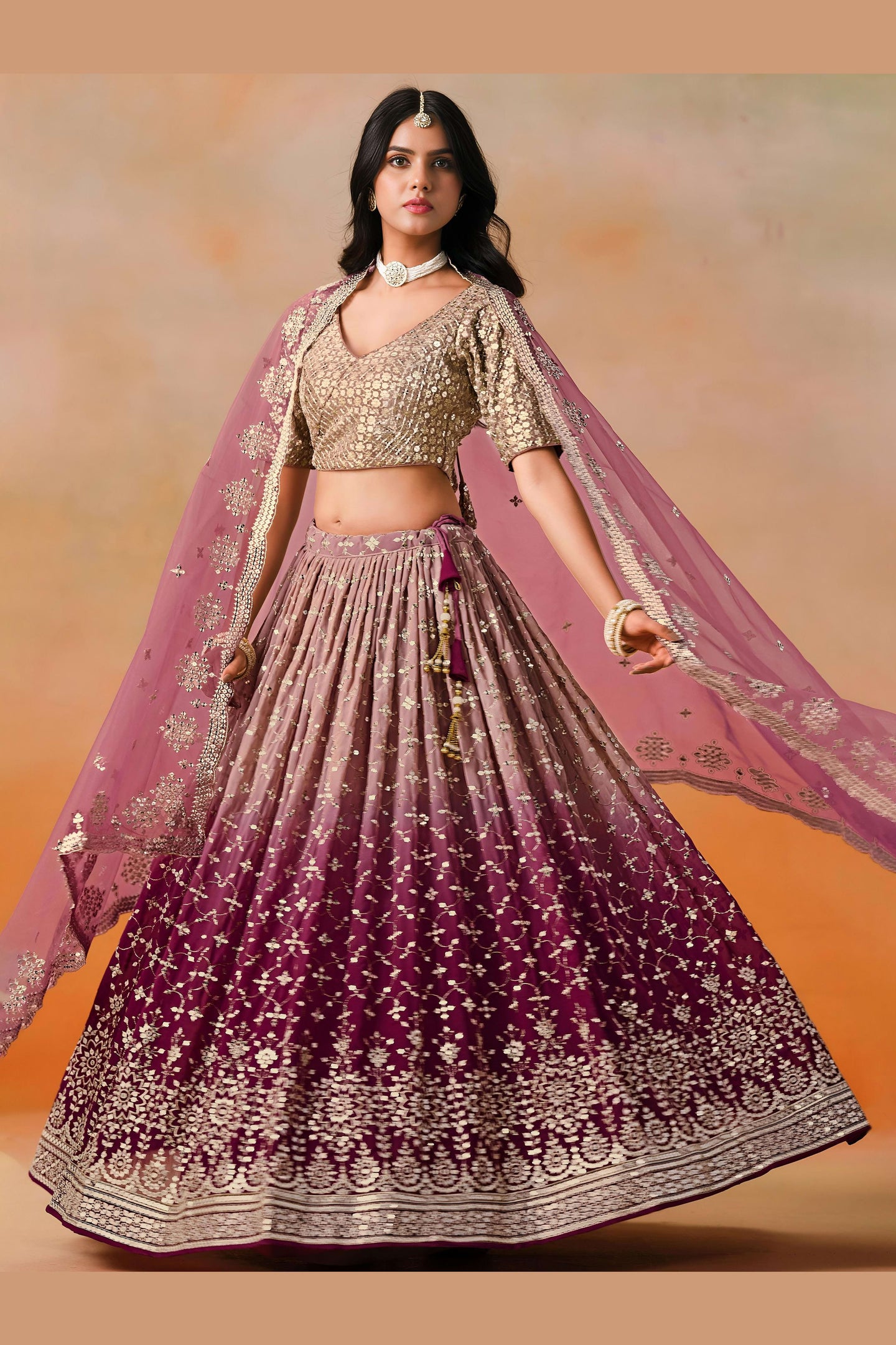Burgundy Maroon Georgette Lehenga Choli For Indian & Pakistani Wedding Festival - Sequins & Thread Embroidery Work, Zari Work