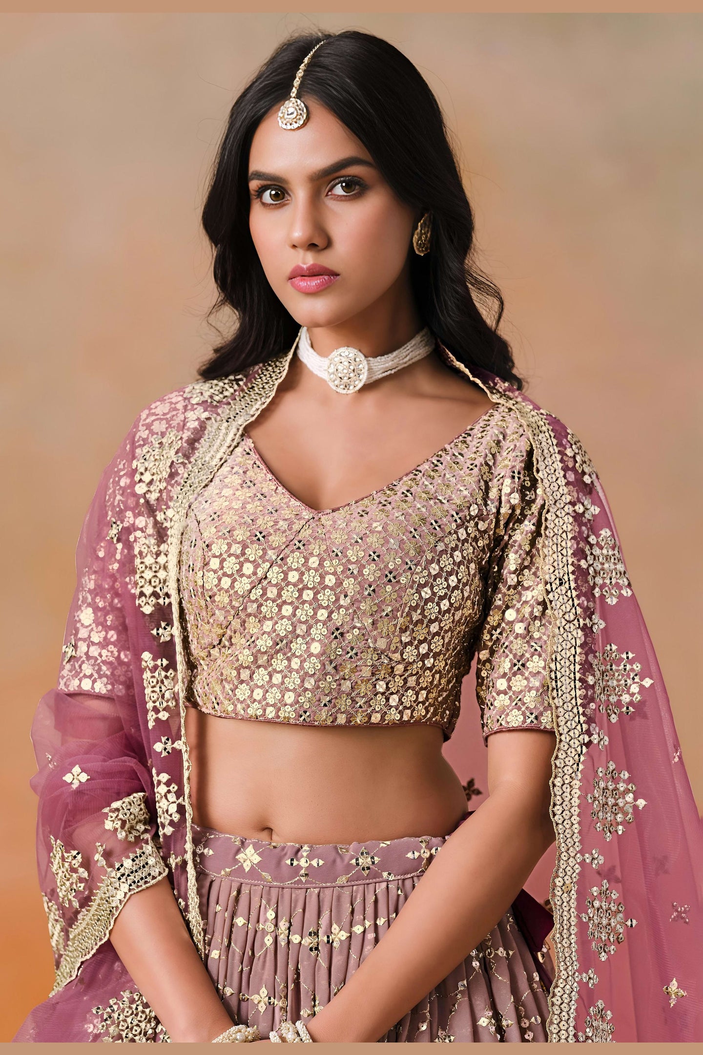 Burgundy Maroon Georgette Lehenga Choli For Indian & Pakistani Wedding Festival - Sequins & Thread Embroidery Work, Zari Work