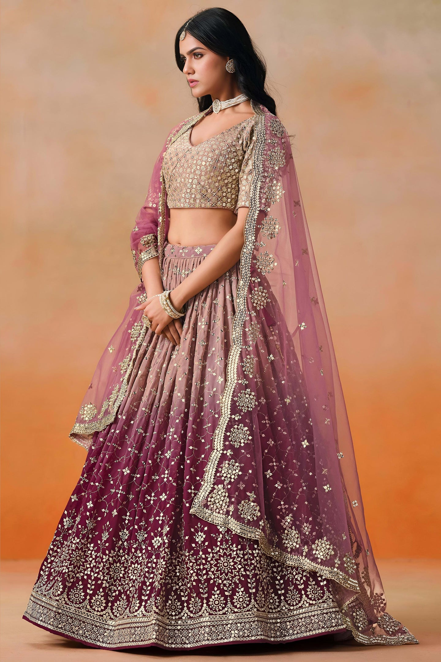 Burgundy Maroon Georgette Lehenga Choli For Indian & Pakistani Wedding Festival - Sequins & Thread Embroidery Work, Zari Work