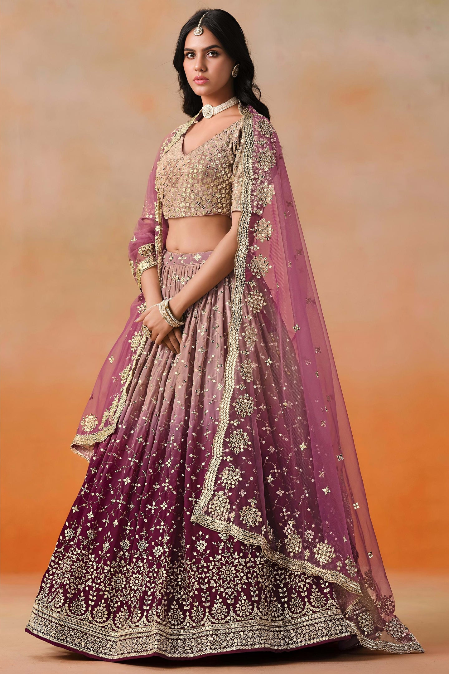 Burgundy Maroon Georgette Lehenga Choli For Indian & Pakistani Wedding Festival - Sequins & Thread Embroidery Work, Zari Work