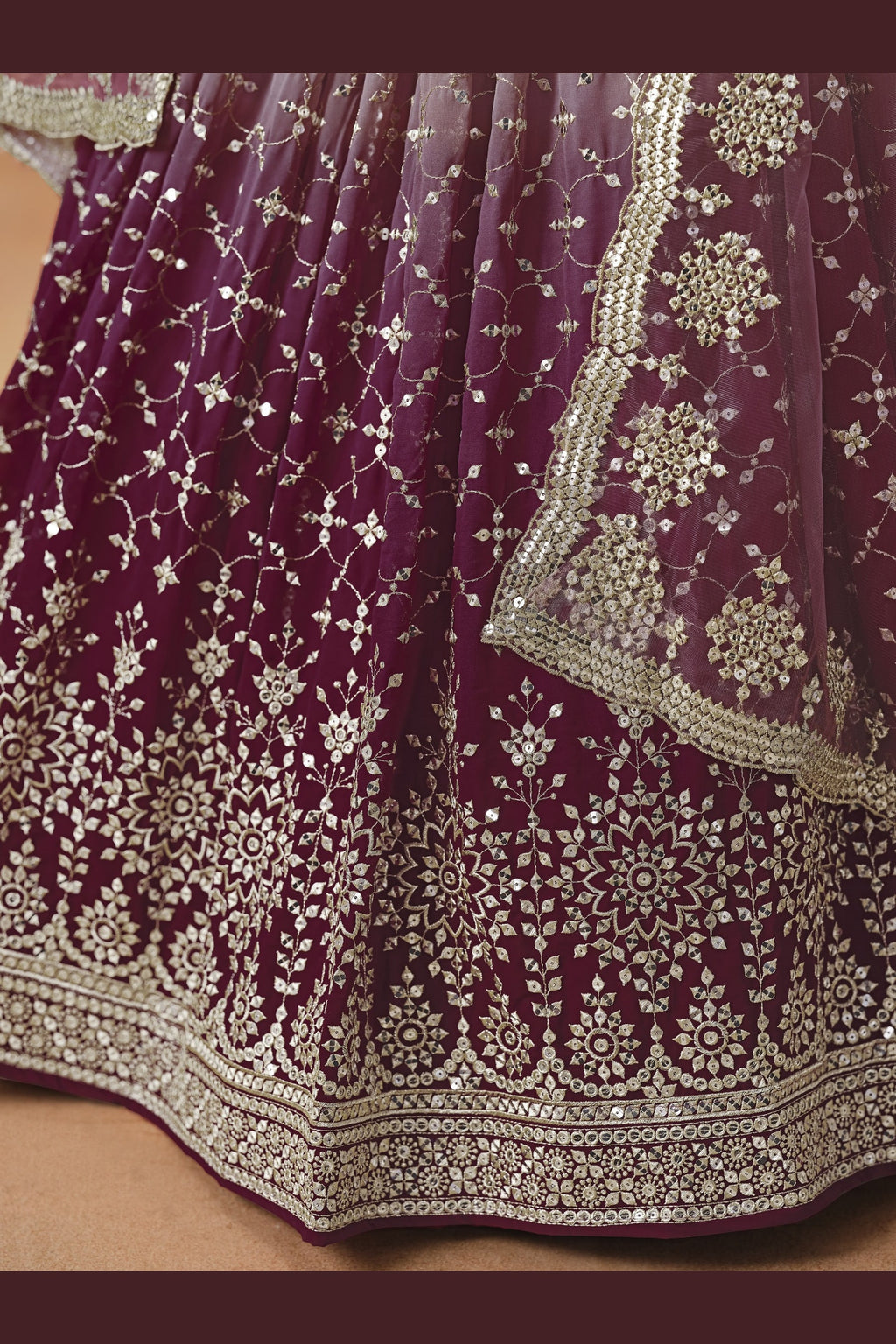 Burgundy Maroon Georgette Lehenga Choli For Indian & Pakistani Wedding Festival - Sequins & Thread Embroidery Work, Zari Work