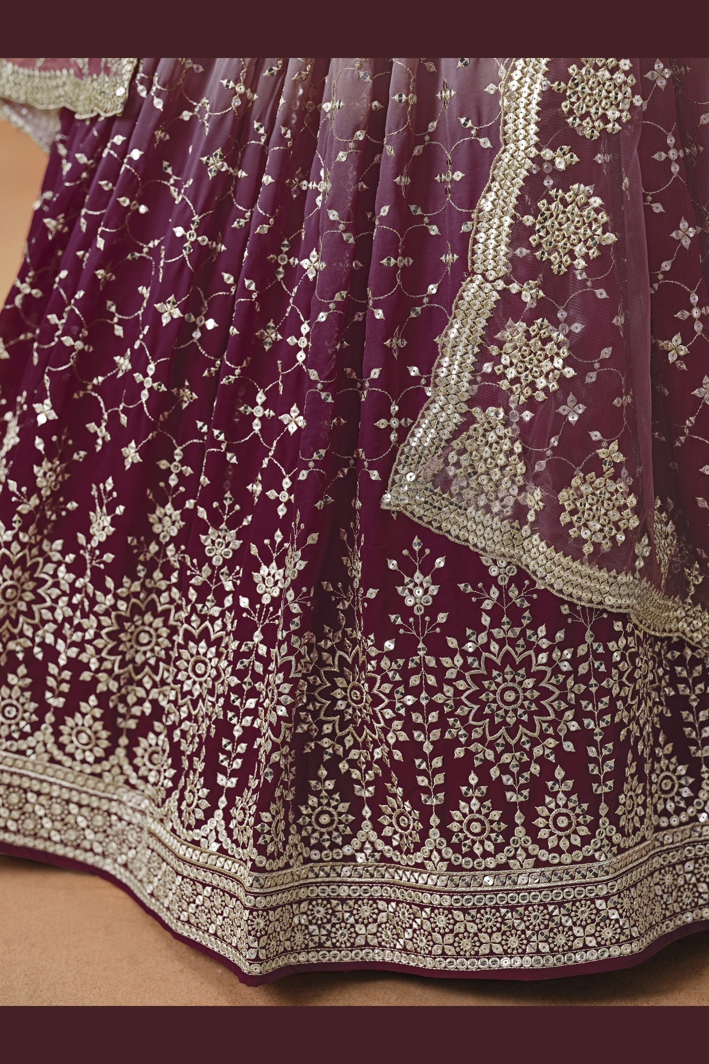 Burgundy Maroon Georgette Lehenga Choli For Indian & Pakistani Wedding Festival - Sequins & Thread Embroidery Work, Zari Work
