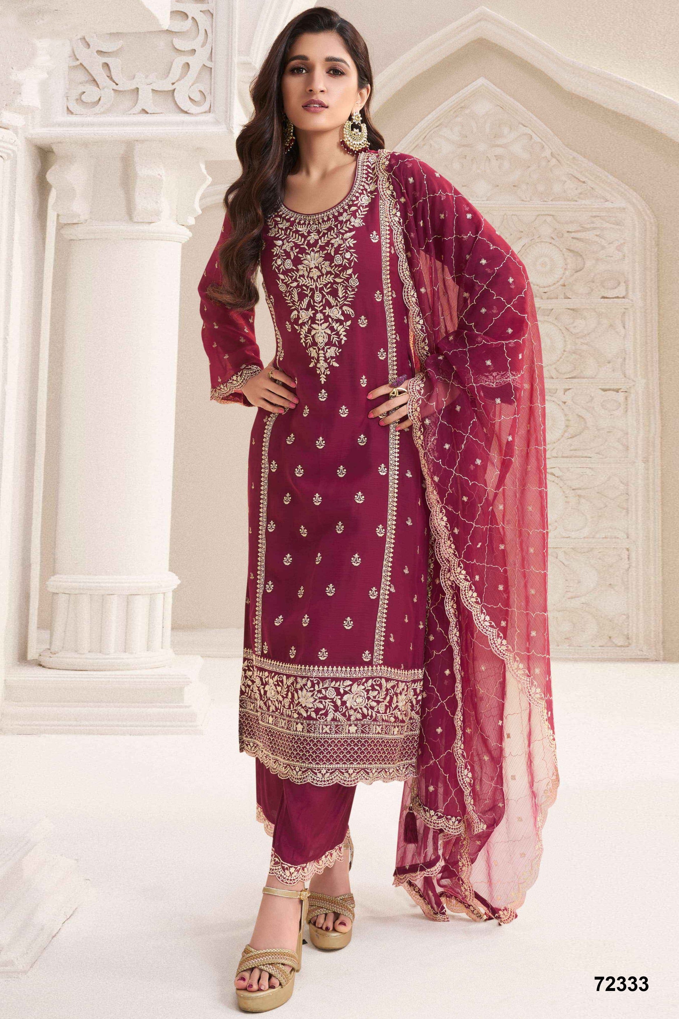 Burgundy Red Chiffon Silk Long Kameez Pant Suit For Indian Festivals & Weddings - Embroidery Work