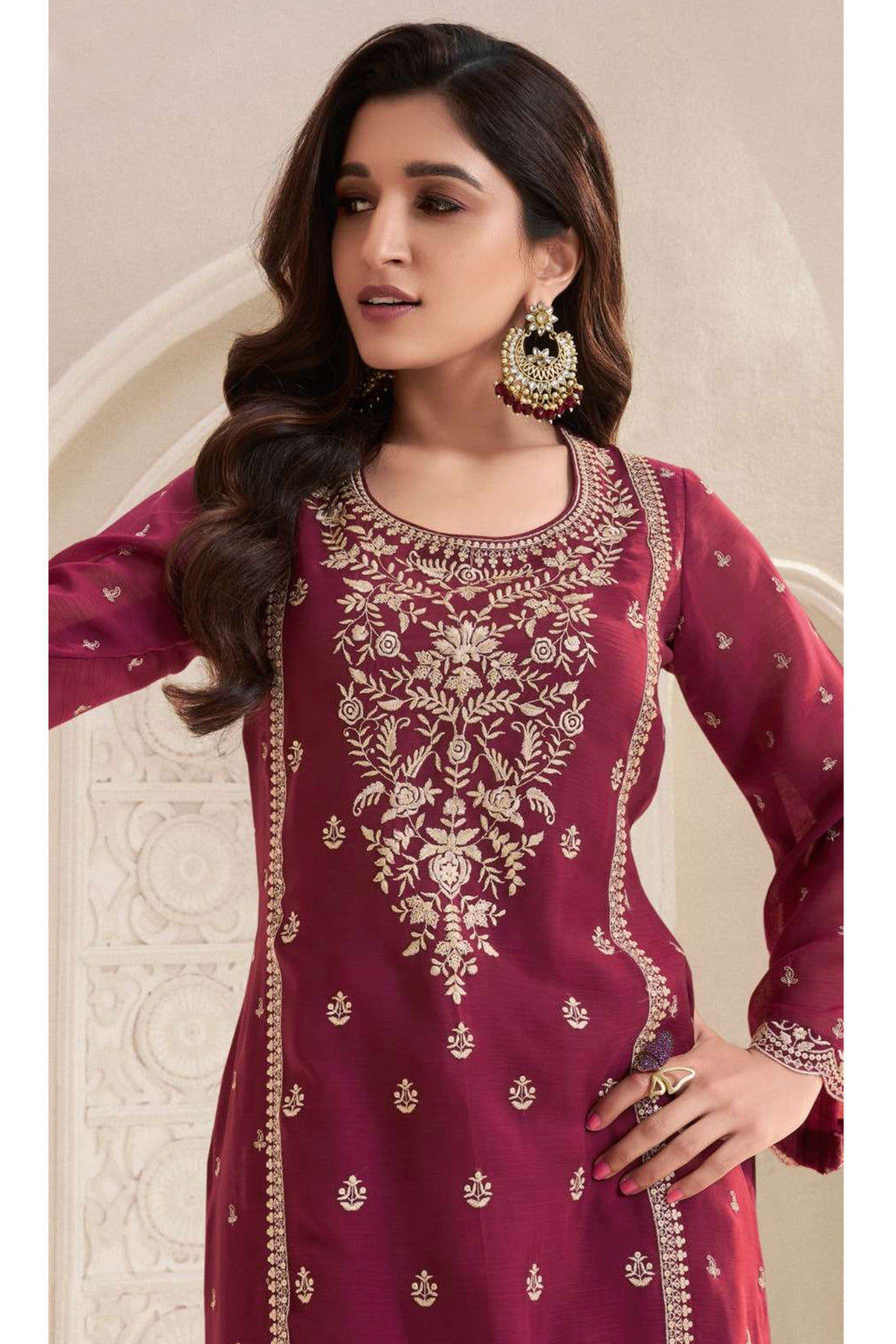 Burgundy Red Chiffon Silk Long Kameez Pant Suit For Indian Festivals & Weddings - Embroidery Work