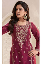Burgundy Red Chiffon Silk Long Kameez Pant Suit For Indian Festivals & Weddings - Embroidery Work
