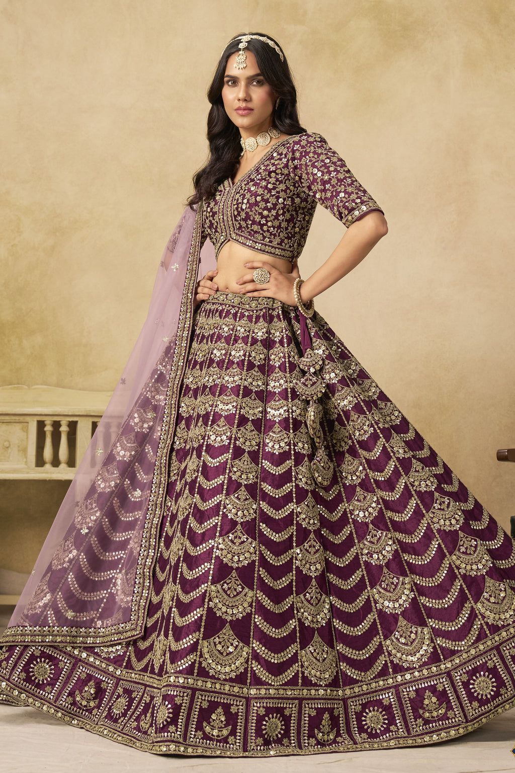 Burgundy Art Silk Lehenga Choli for Indian & Pakistani Wedding Festival - Thread & Sequin Embroidery Work