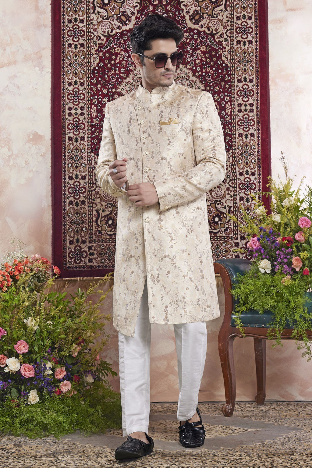 Champagne Jacquard Woven Indo Western Mens Indian Wedding Attire
