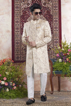 Champagne Jacquard Woven Indo Western Mens Indian Wedding Attire