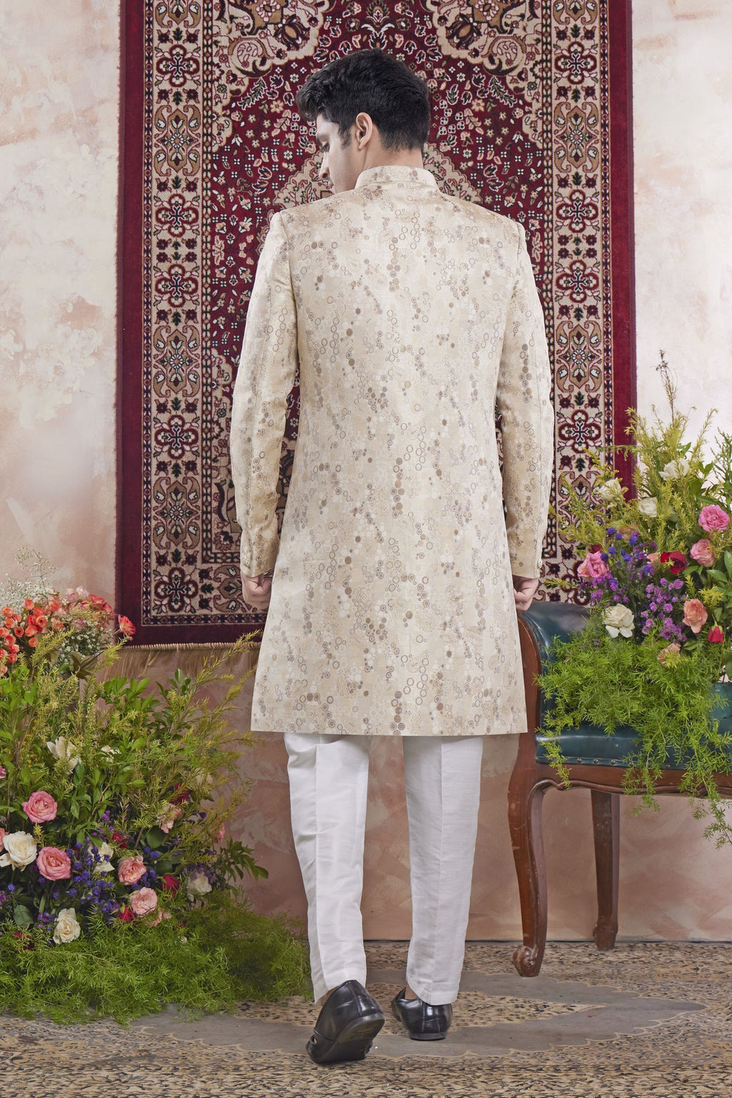 Champagne Jacquard Woven Indo Western Mens Indian Wedding Attire