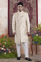 Champagne Jacquard Woven Indo Western Mens Indian Wedding Attire