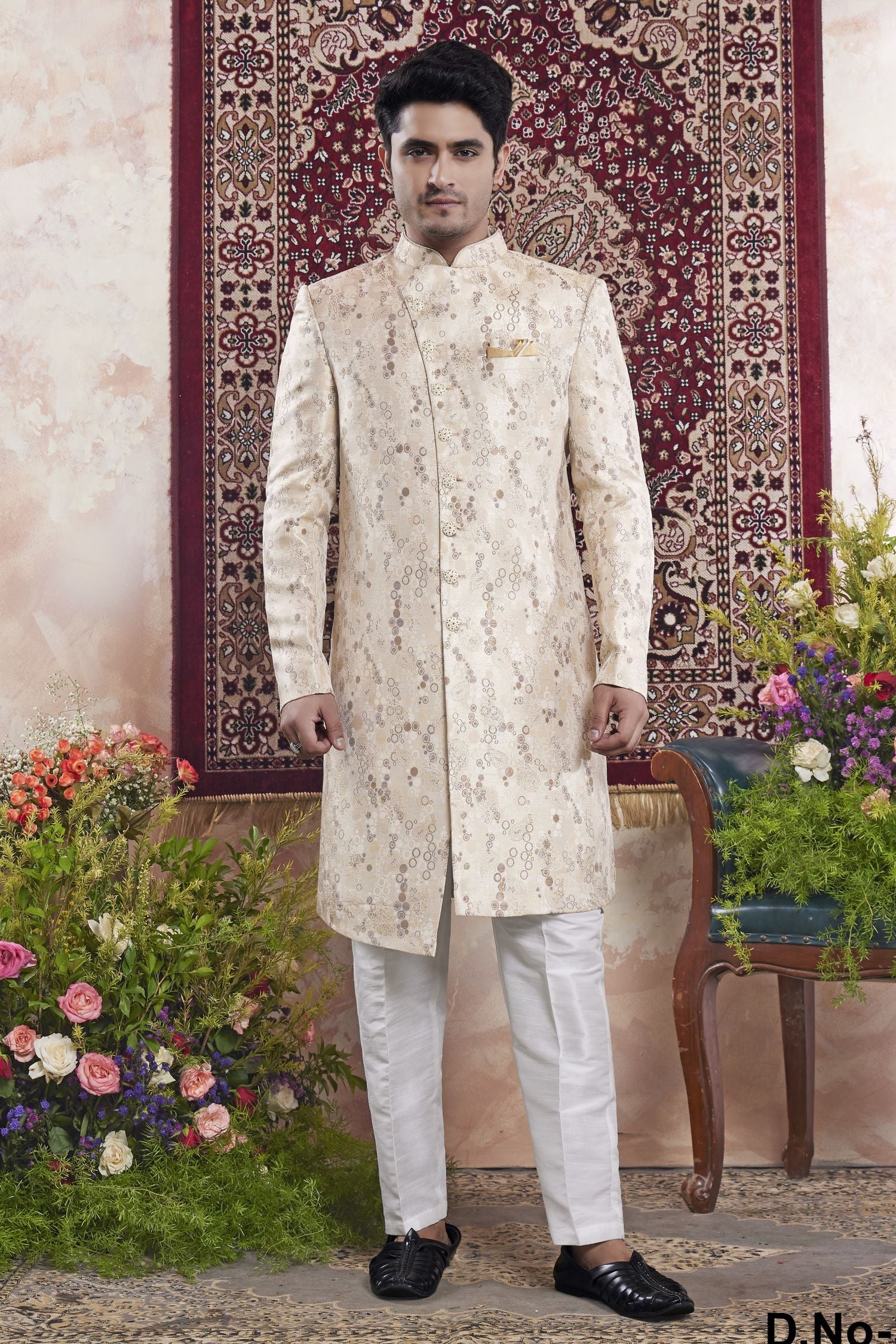 Champagne Jacquard Woven Indo Western Mens Indian Wedding Attire