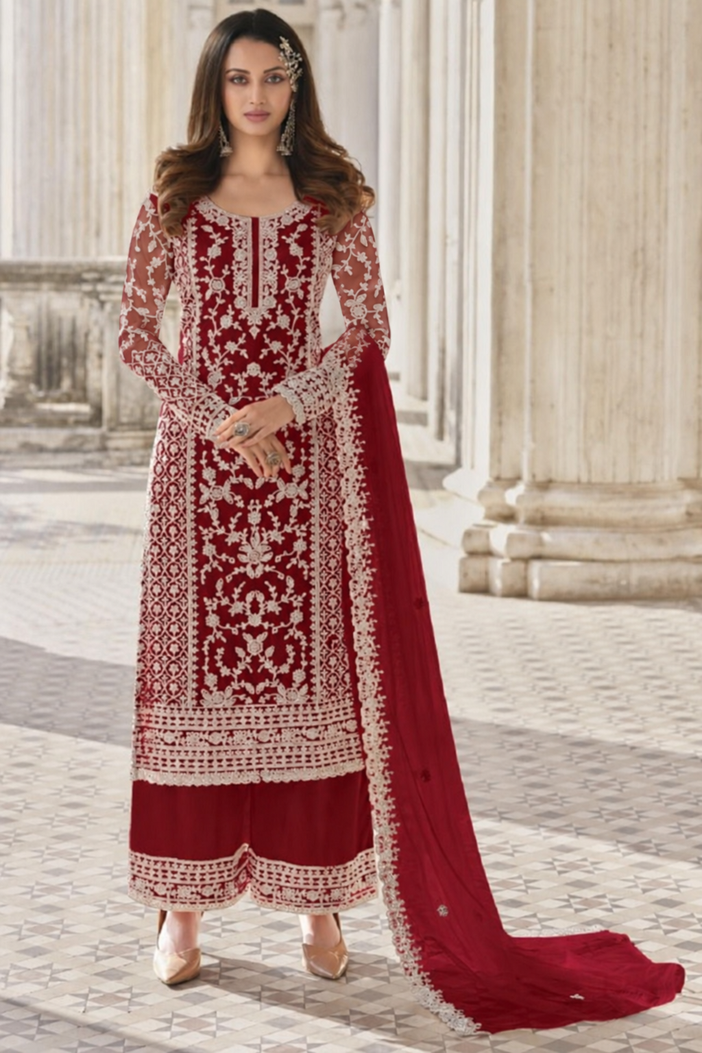 Reddish Maroon Net Kameez Plazzo Suit For Indian Wedding & Pakistani Festival Dress - Embroidery Work