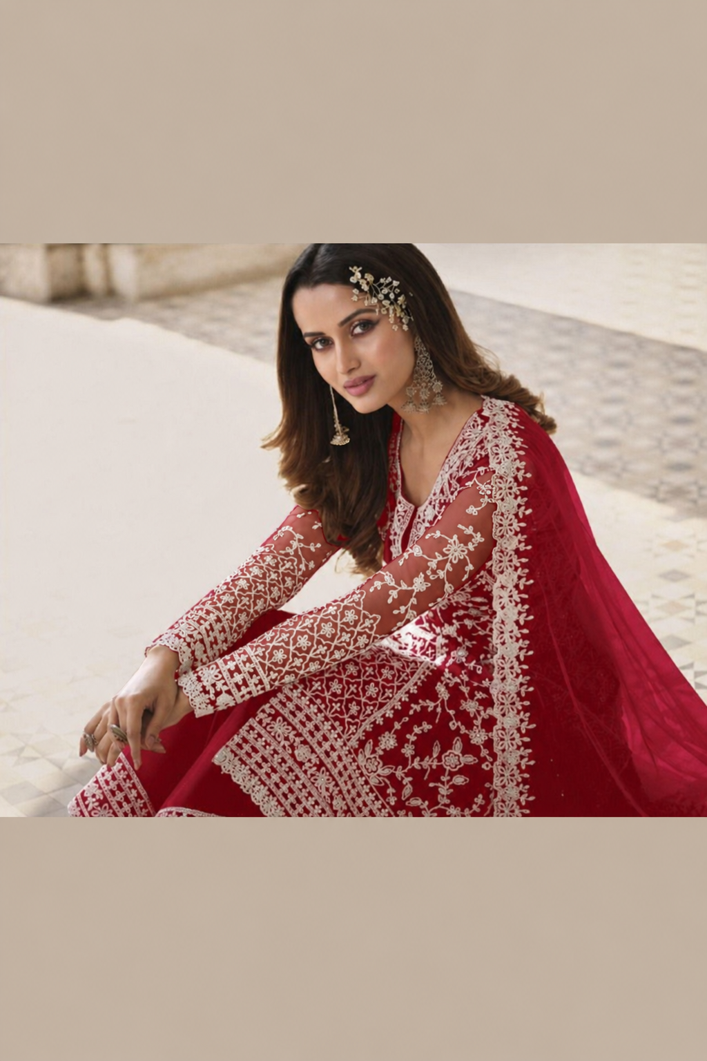 Reddish Maroon Net Kameez Plazzo Suit For Indian Wedding & Pakistani Festival Dress - Embroidery Work