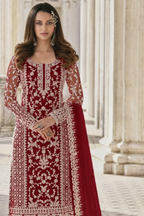 Reddish Maroon Net Kameez Plazzo Suit For Indian Wedding & Pakistani Festival Dress - Embroidery Work