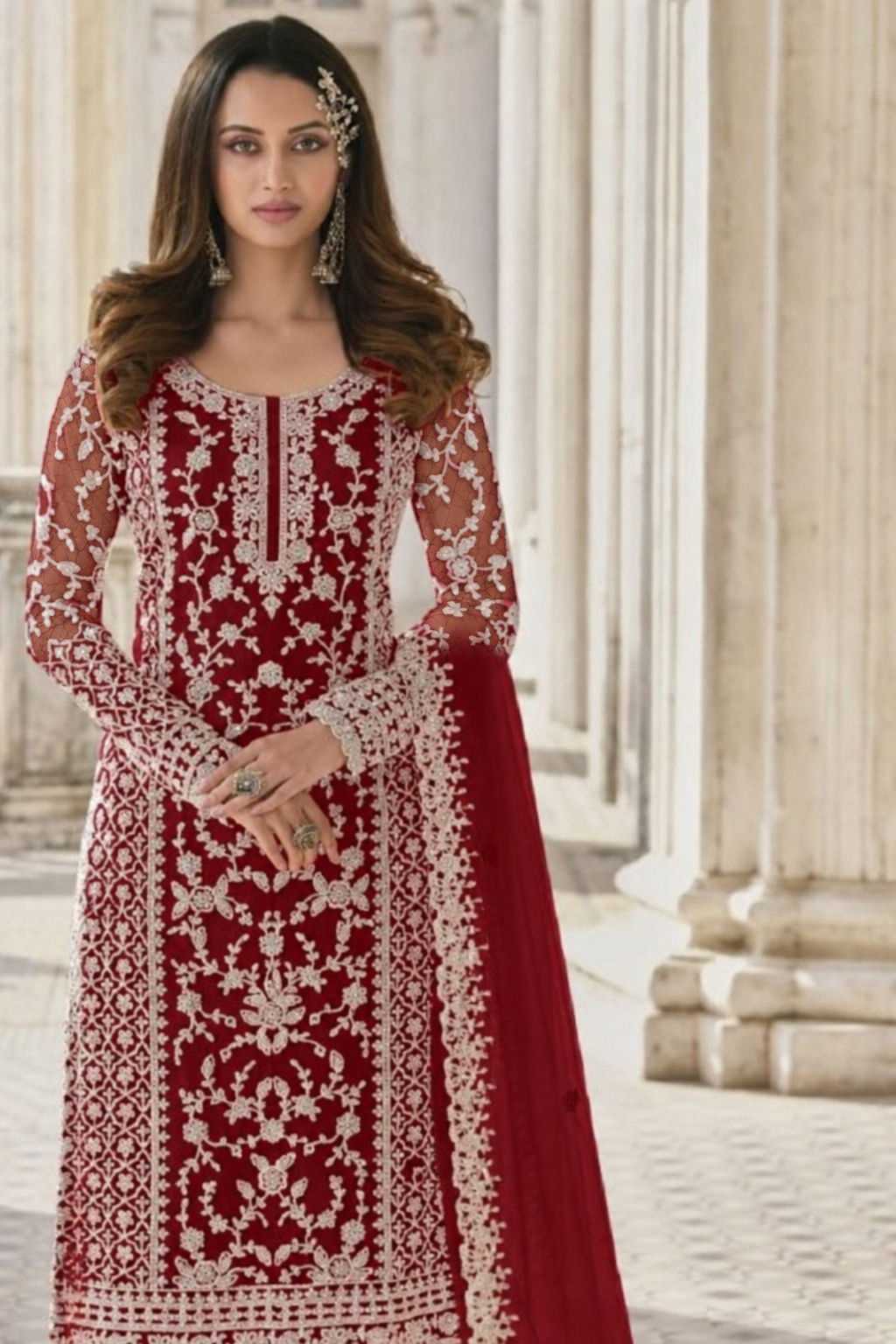 Reddish Maroon Net Kameez Plazzo Suit For Indian Wedding & Pakistani Festival Dress - Embroidery Work