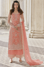 Orange Net Kameez Plazzo Suit For Indian Wedding & Pakistani Festival Dress - Embroidery Work
