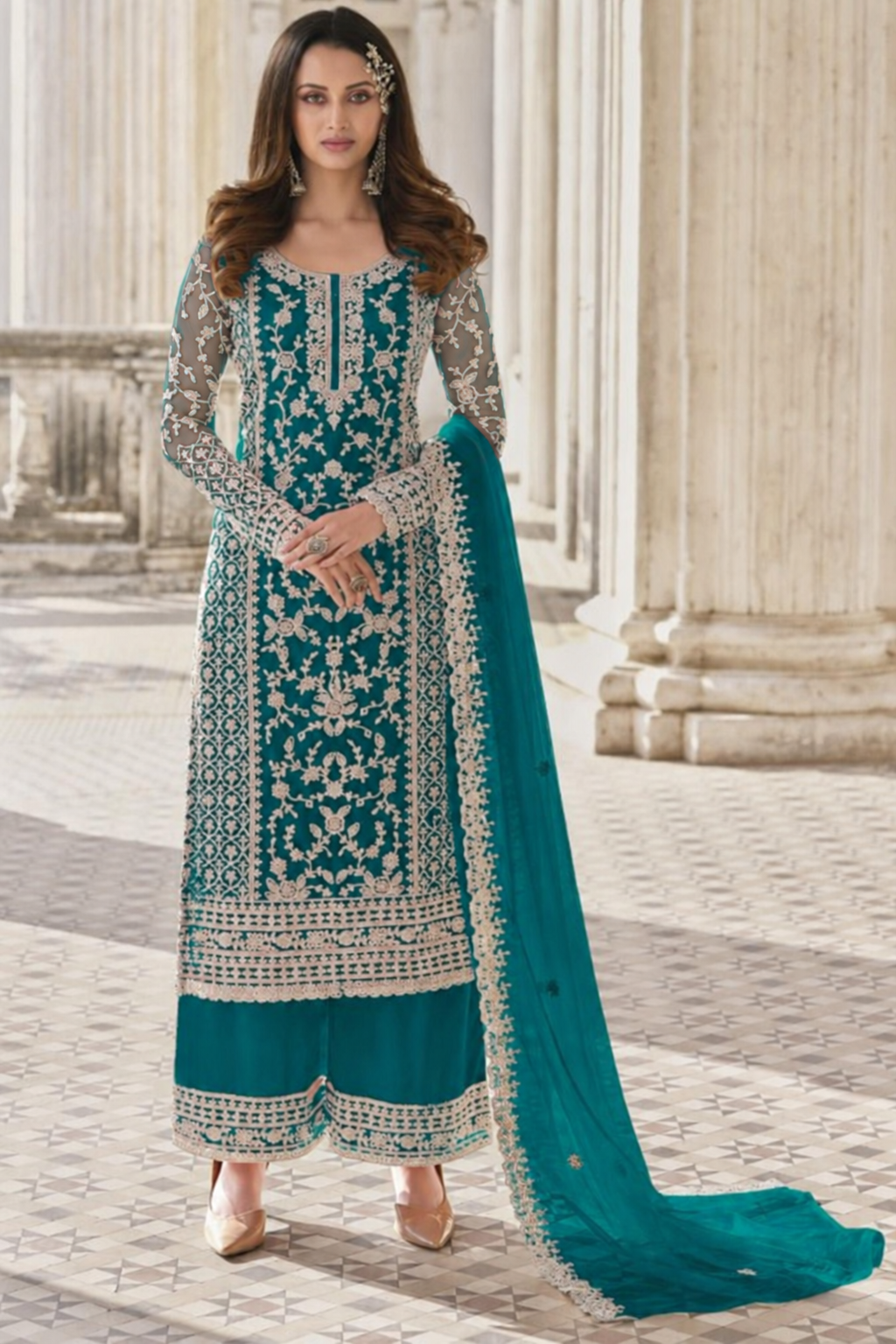 Teal Net Kameez Plazzo Suit For Indian Wedding & Pakistani Festival Dress - Embroidery Work