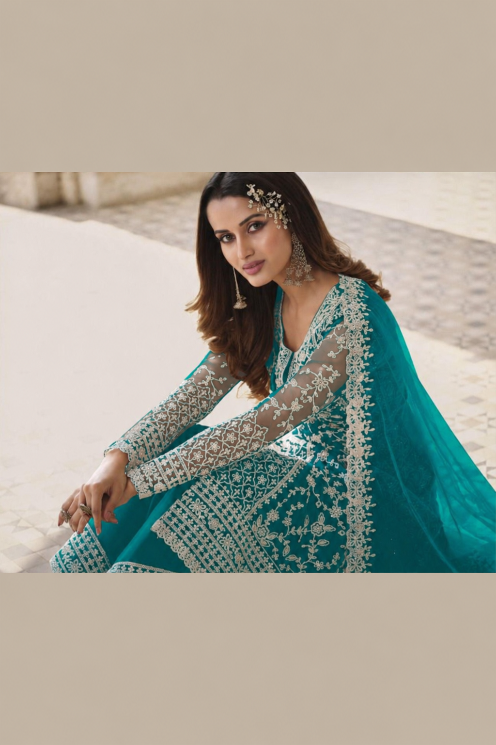 Teal Net Kameez Plazzo Suit For Indian Wedding & Pakistani Festival Dress - Embroidery Work