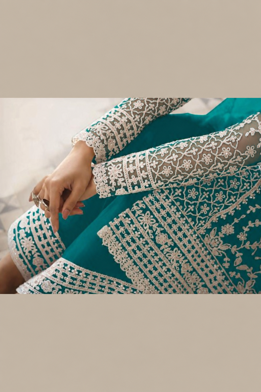 Teal Net Kameez Plazzo Suit For Indian Wedding & Pakistani Festival Dress - Embroidery Work