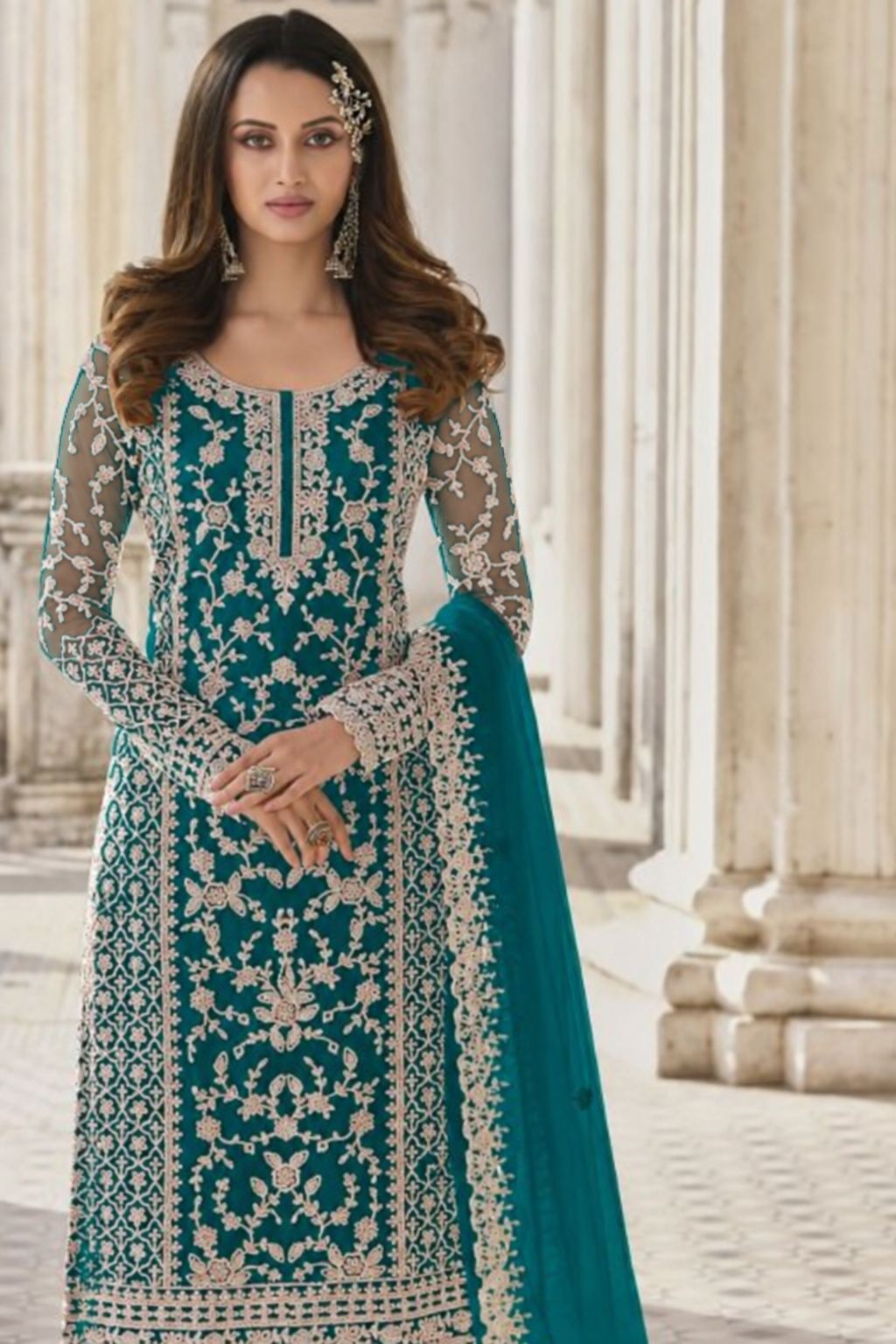 Teal Net Kameez Plazzo Suit For Indian Wedding & Pakistani Festival Dress - Embroidery Work