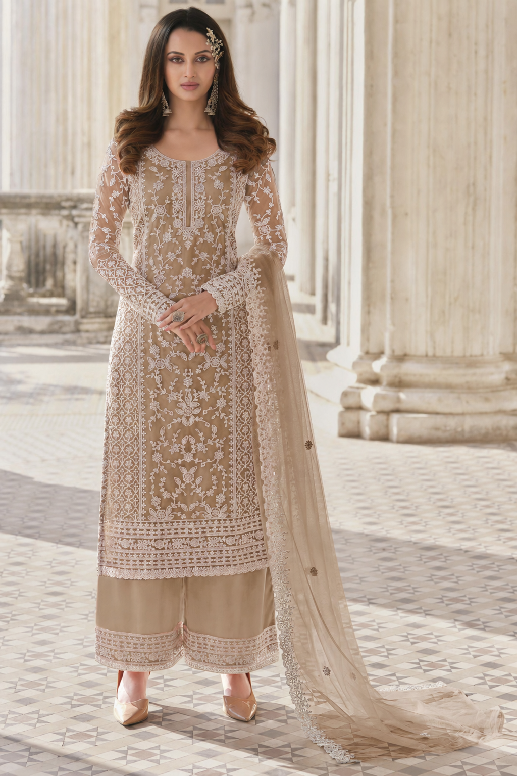 Dark Beige Net Kameez Plazzo Suit For Indian Wedding & Pakistani Festival Dress - Embroidery Work