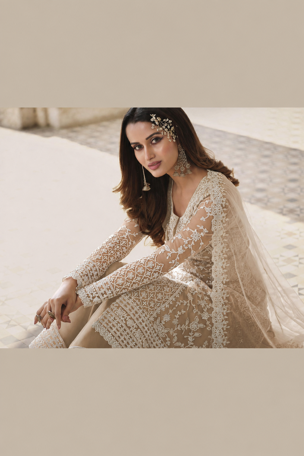 Dark Beige Net Kameez Plazzo Suit For Indian Wedding & Pakistani Festival Dress - Embroidery Work