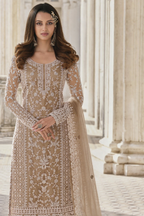 Dark Beige Net Kameez Plazzo Suit For Indian Wedding & Pakistani Festival Dress - Embroidery Work