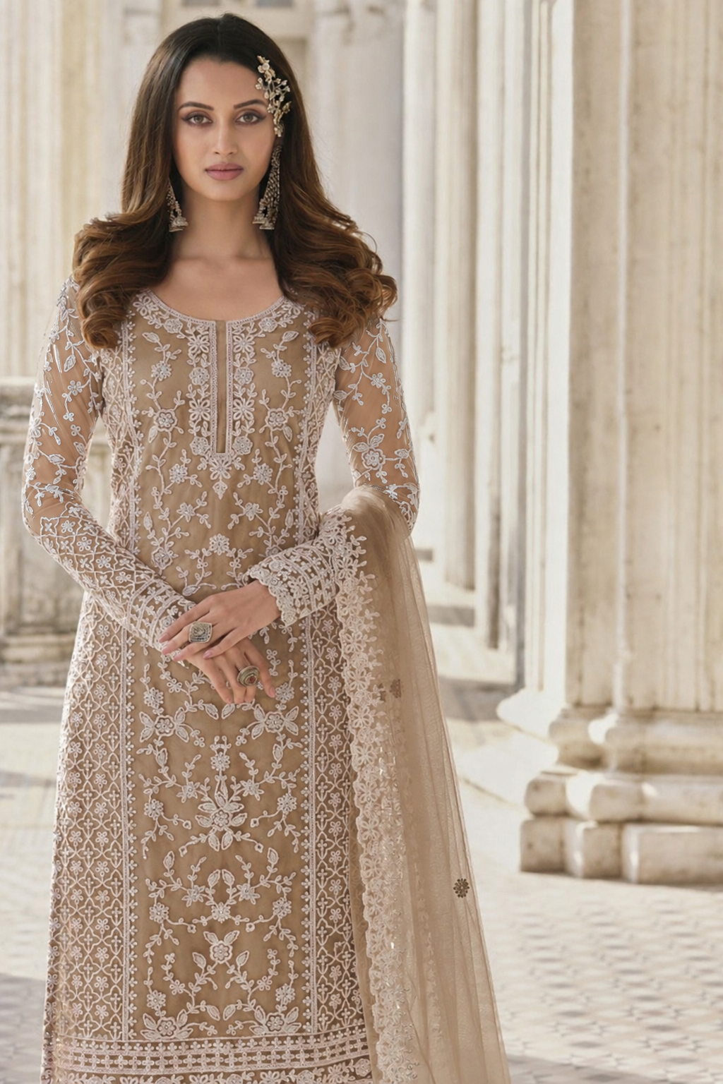 Dark Beige Net Kameez Plazzo Suit For Indian Wedding & Pakistani Festival Dress - Embroidery Work