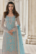 Sky Blue Net Kameez Plazzo Suit For Indian Wedding & Pakistani Festival Dress - Embroidery Work
