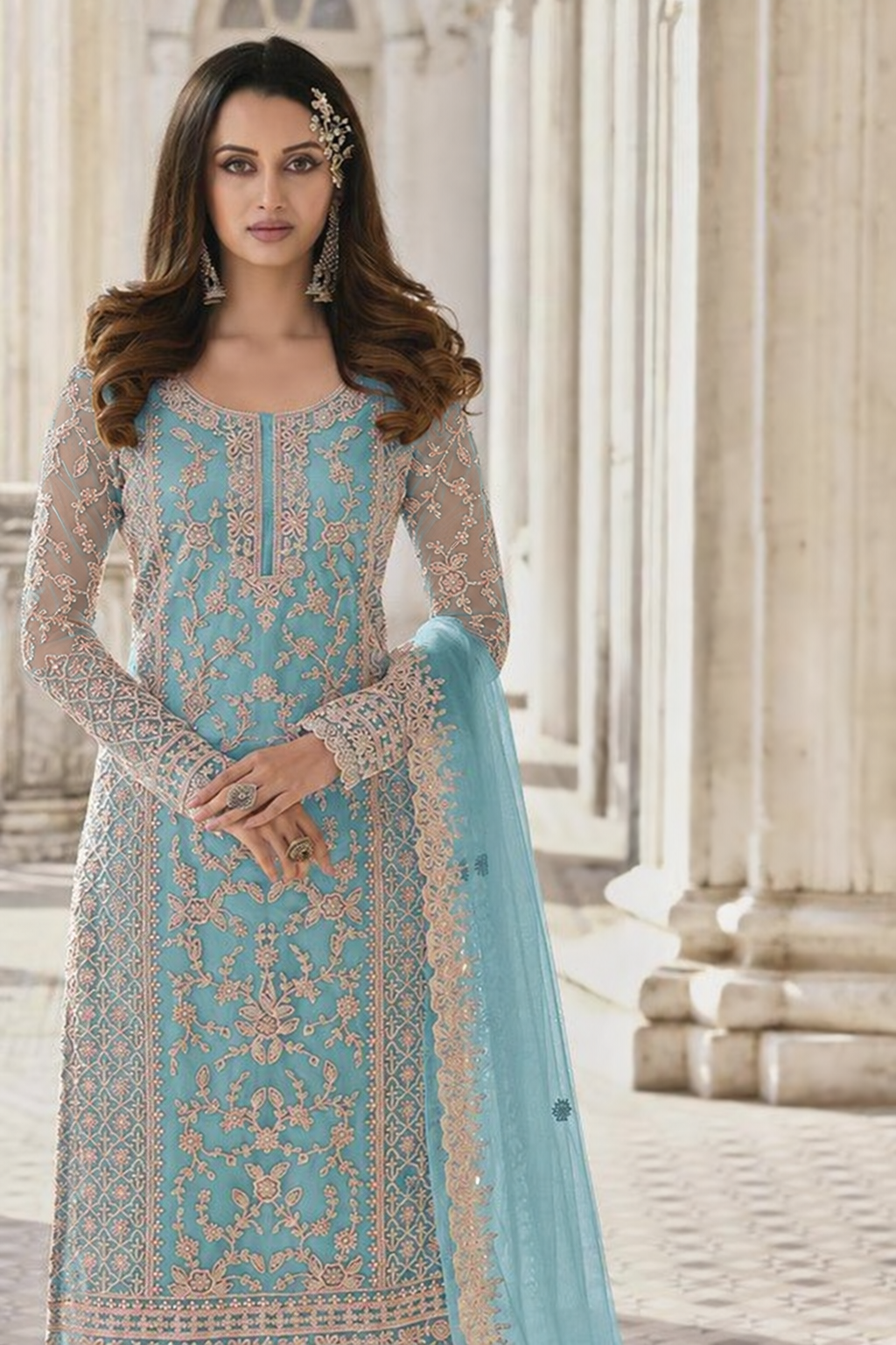 Sky Blue Net Kameez Plazzo Suit For Indian Wedding & Pakistani Festival Dress - Embroidery Work