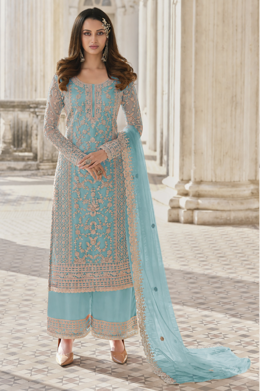 Sky Blue Net Kameez Plazzo Suit For Indian Wedding & Pakistani Festival Dress - Embroidery Work