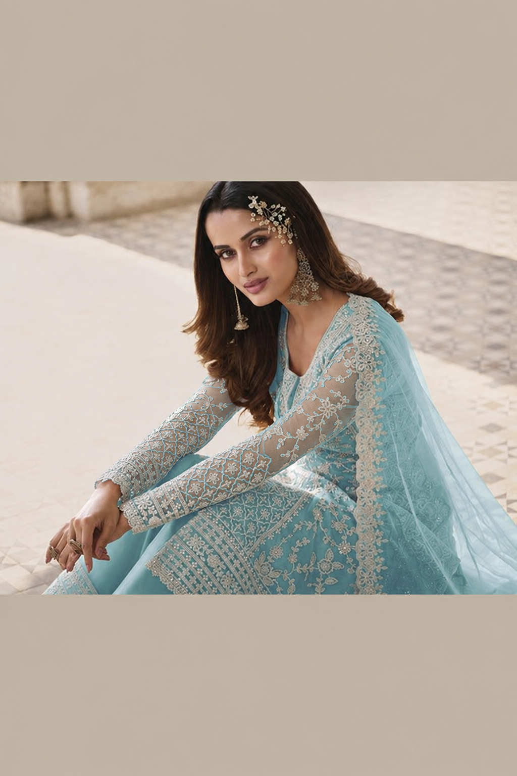 Sky Blue Net Kameez Plazzo Suit For Indian Wedding & Pakistani Festival Dress - Embroidery Work